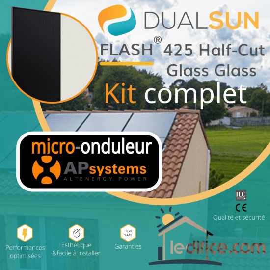 Kit photovoltaïque 7.65 kW Dualsun FLASH Half-Cut TR avec 18 panneaux Dualsun FLASH 425 Half-Cut Transparent  avec micro-onduleur APSystems